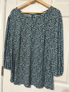 Adrianna Papell Women’s Green Floral Pullover Blouse 3/4 Balloon Sleeves Size 1X